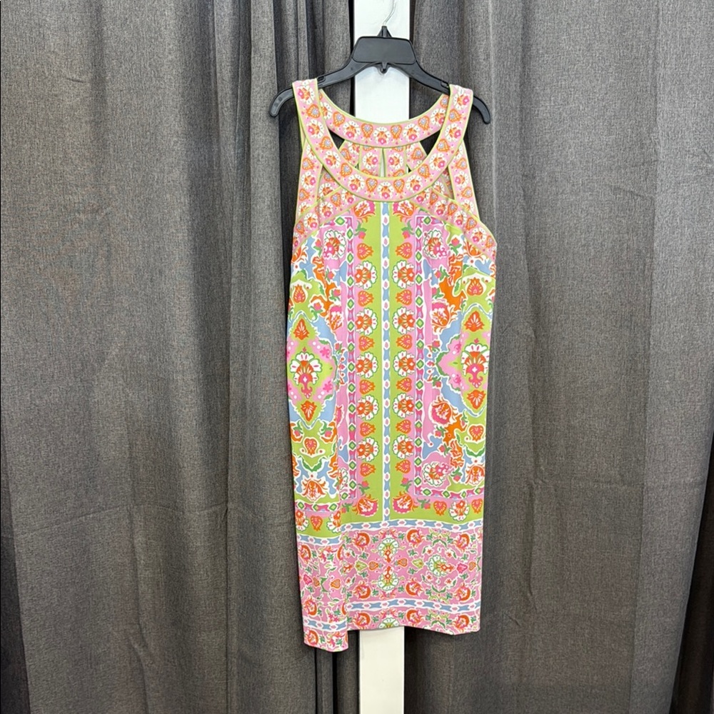Gretchen Scott Designs Pink and Yellow Halter Sheath Midi Dress